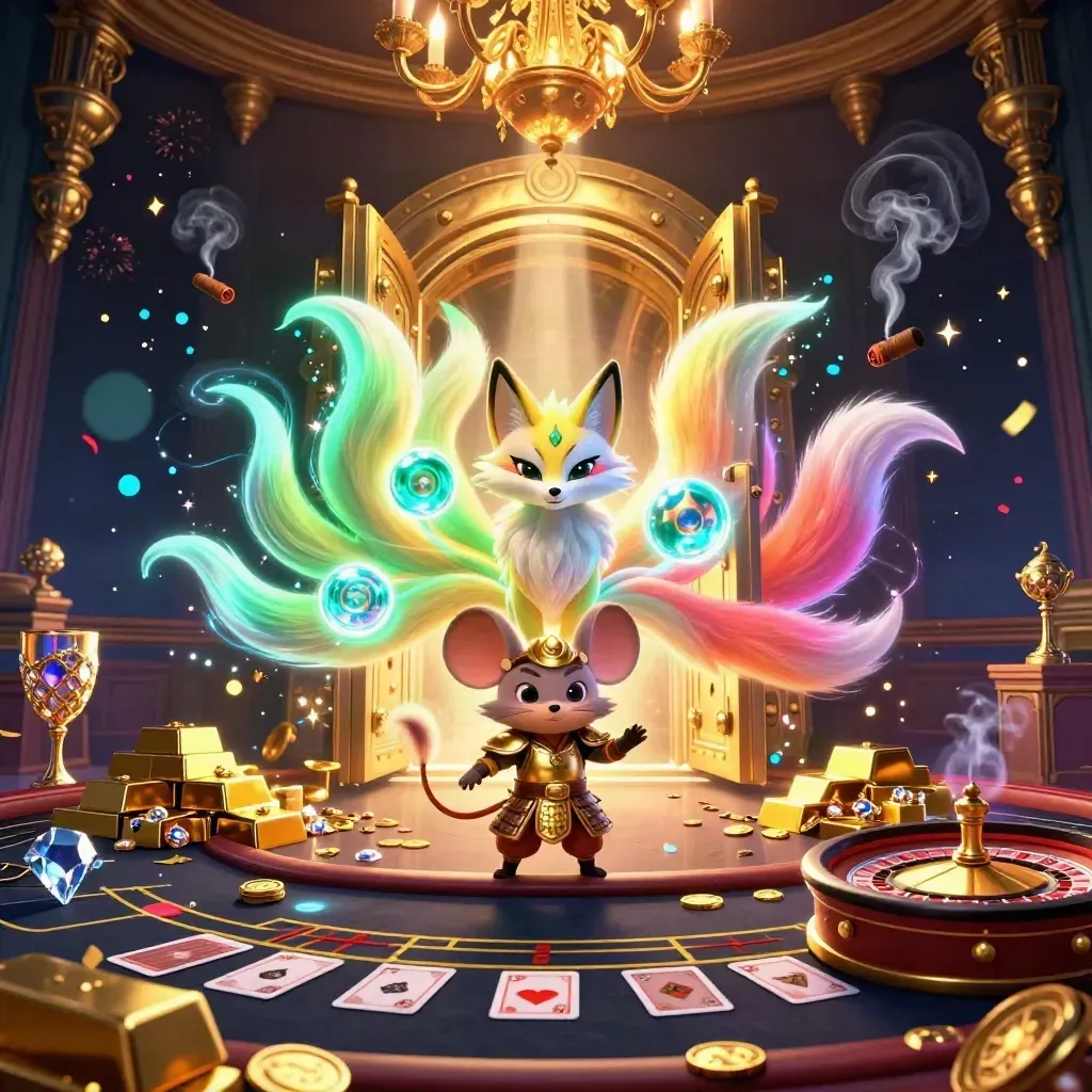 Fox spirit and samurai mouse amid a glowing vault, gold, gems, and casino lights.