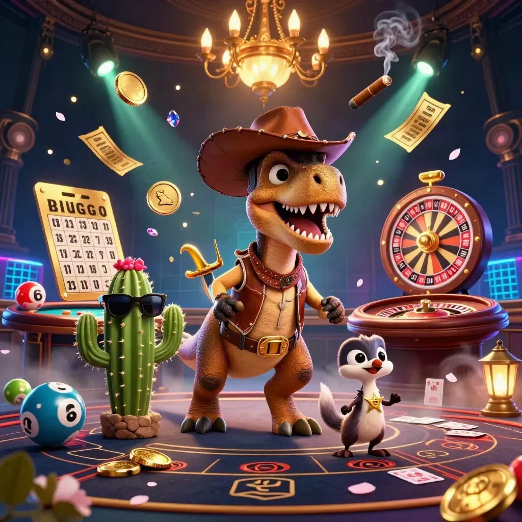 Cowboy T-Rex, cactus, and roadrunner in a neon casino room with glowing wheels and petals.