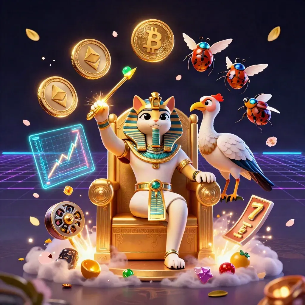 Pharaoh cat, ibis scribe, and scarab swarm amid neon casino treasure and coins.