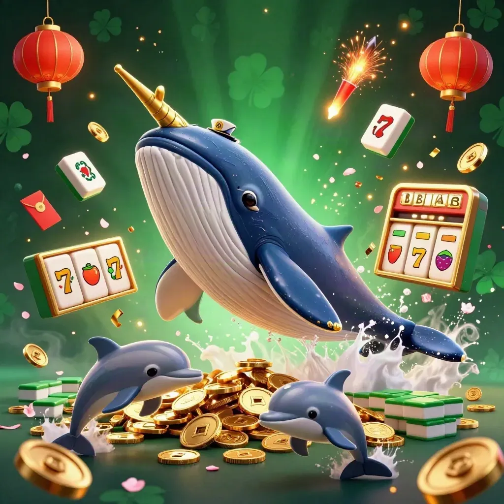 Whale captain, narwhal and dolphins burst from coins amid lanterns, tiles and neon casino sparks.