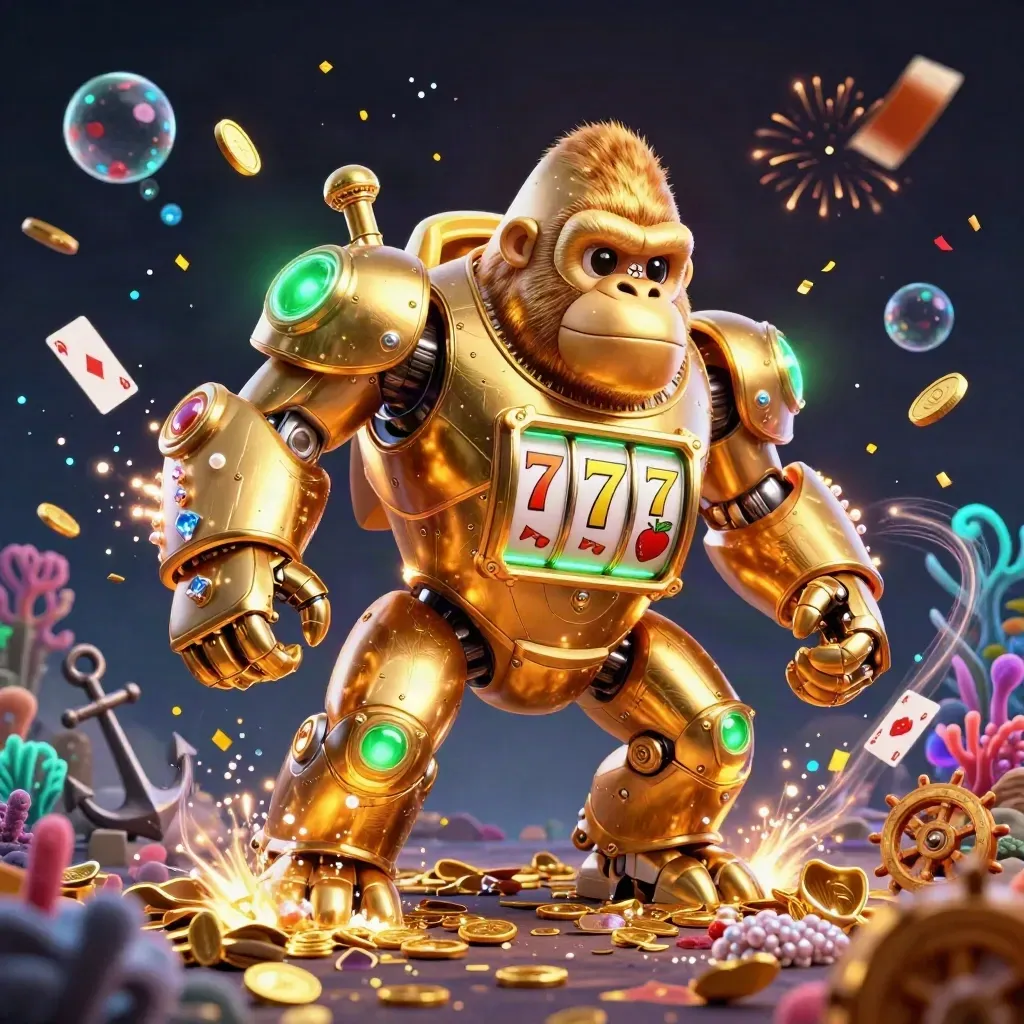Golden gorilla mech with monkey pilot, treasure, cards, coral, and neon casino effects.