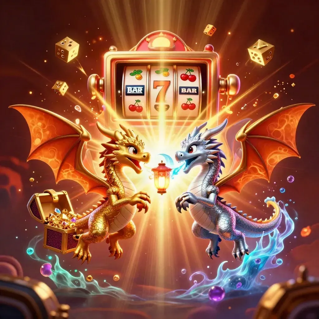 Twin gold and silver dragons spiral around a lantern spirit as casino treasure bursts outward.