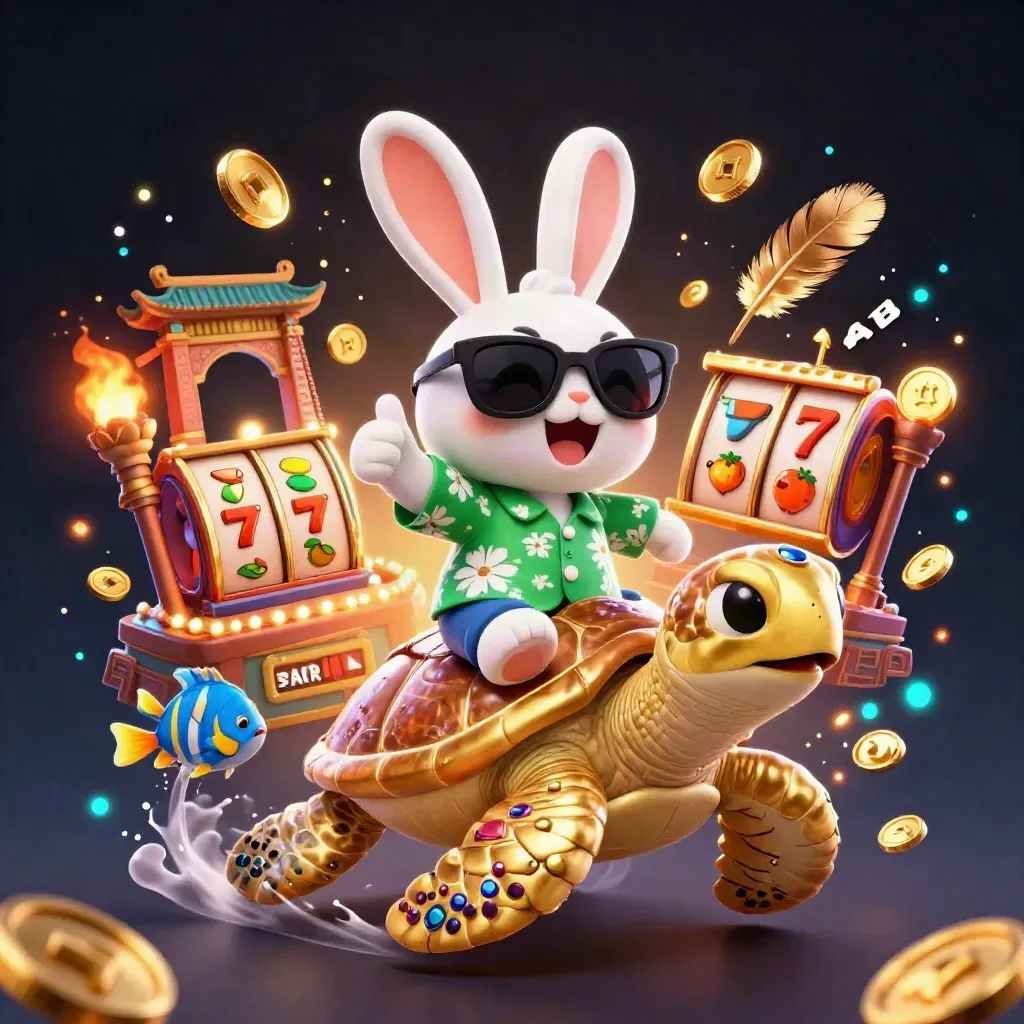 Rabbit on a golden sea turtle, coins, reels, temple gate, and neon casino glow