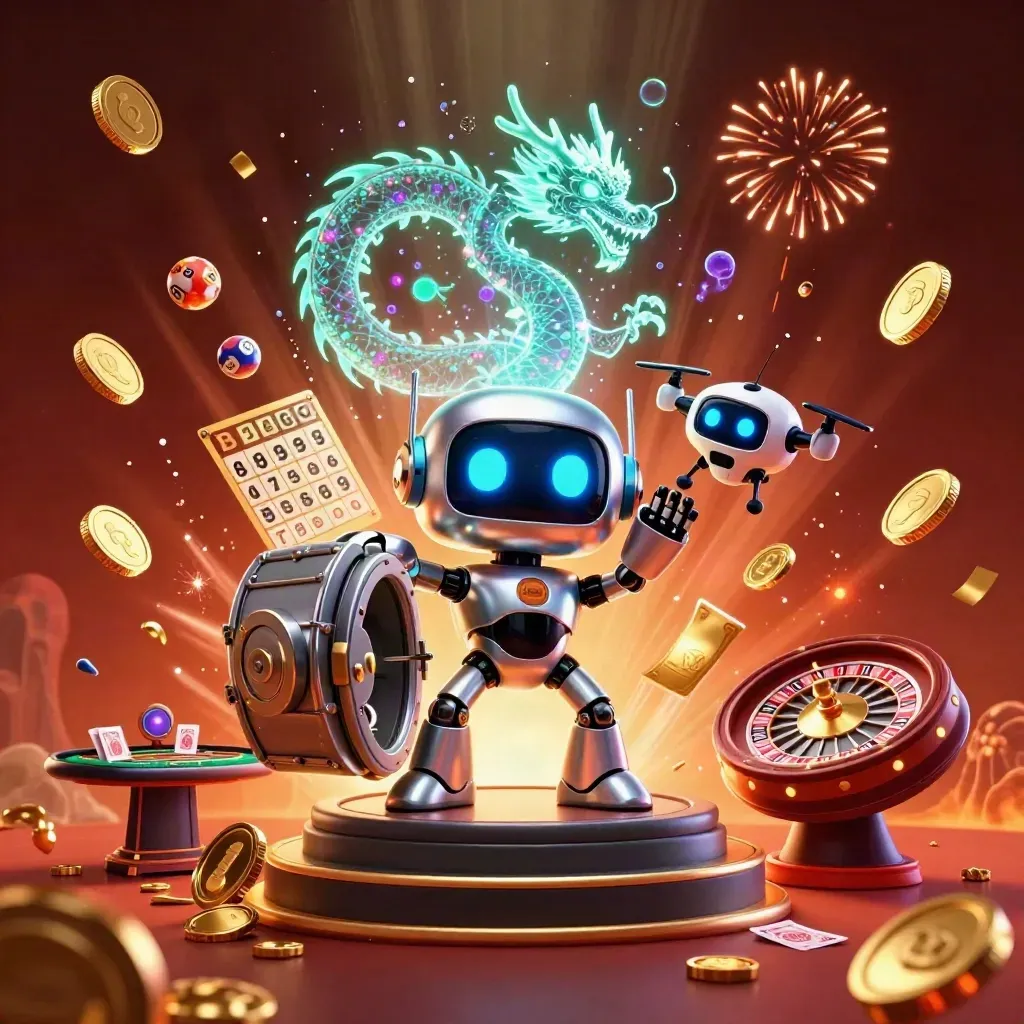 Robot mascot, holographic dragon and coin drone amid gold coins, fireworks and casino rewards.