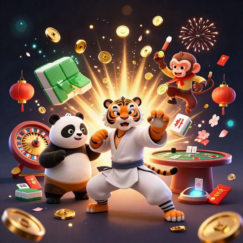 Kung-fu tiger, panda, and monkey amid exploding gold coins, fireworks, and casino rewards