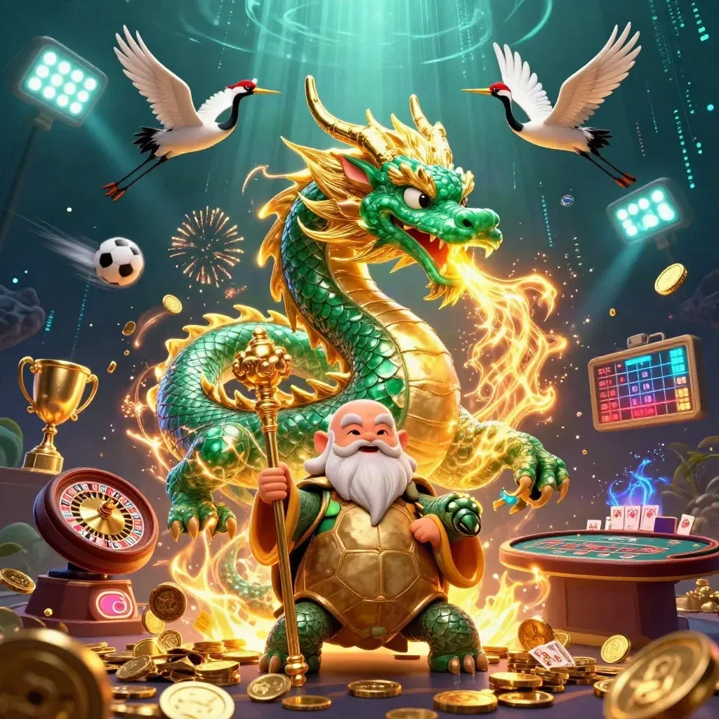 Dragon, turtle sage, cranes, coins, roulette wheel and fireworks in a neon casino burst.