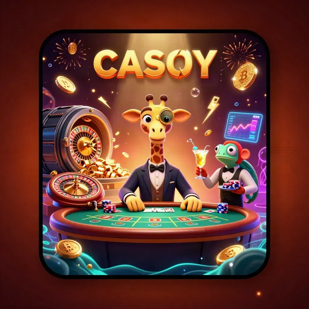 Giraffe, monkey, and chameleon at a neon casino table amid gold coins, fireworks, and glowing chips.