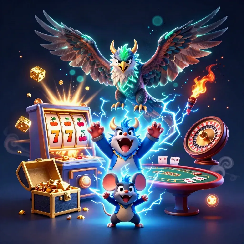 Thunder dragon, hawk and mouse burst from a jackpot slot with coins, dice, roulette and fireworks.
