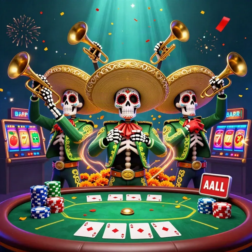 Day-of-the-Dead mariachi skeleton trio amid casino chips, cards, and neon underwater glow