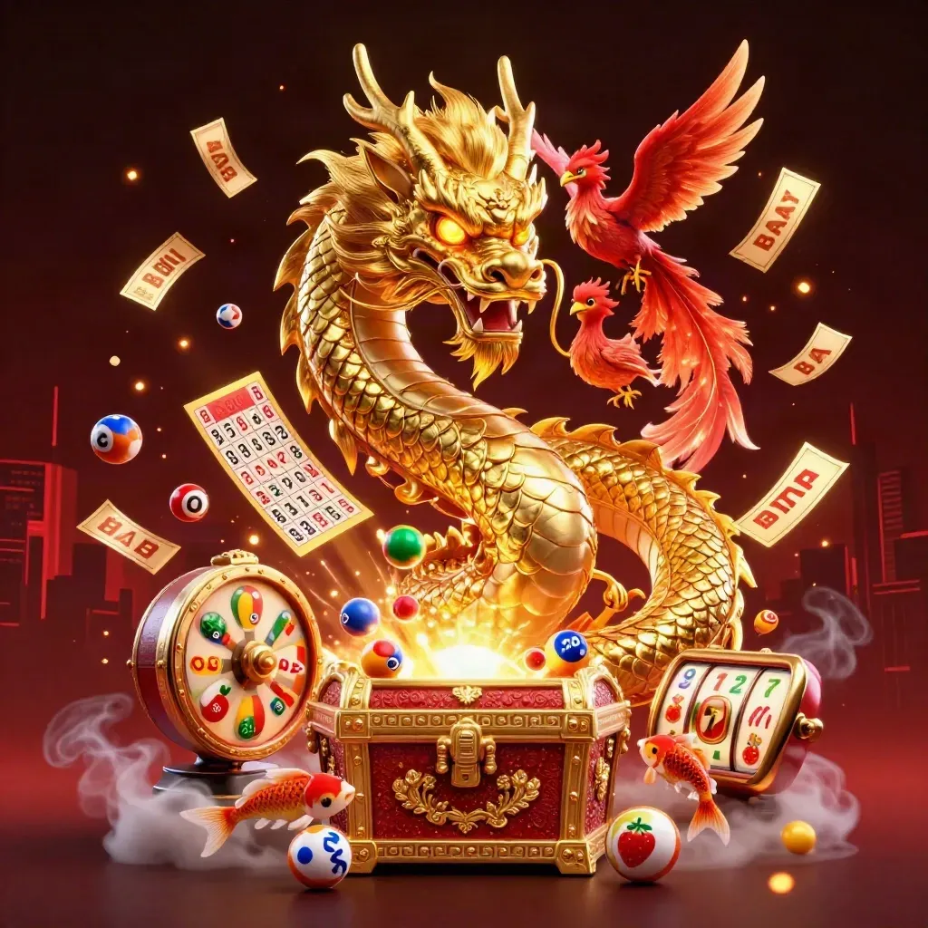 Golden dragon, phoenix, koi and casino icons burst around a treasure chest with glowing lights.