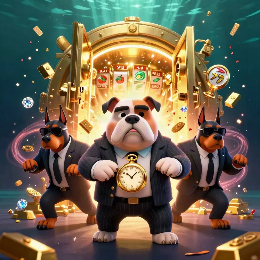 Bulldog boss and two Dobermans in a gold vault explosion with casino loot and neon glow.
