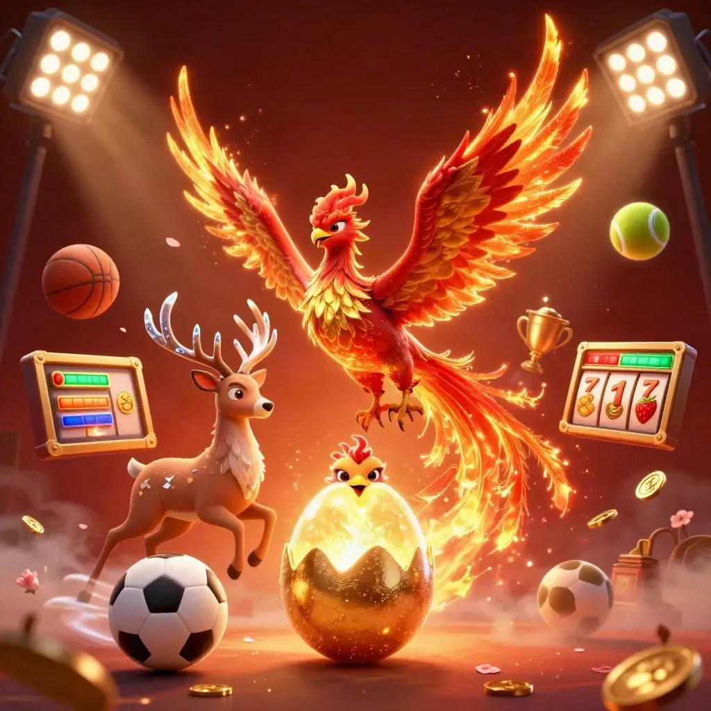 Phoenix, baby phoenix, and crystal stag amid casino icons, coins, and glowing ember effects.