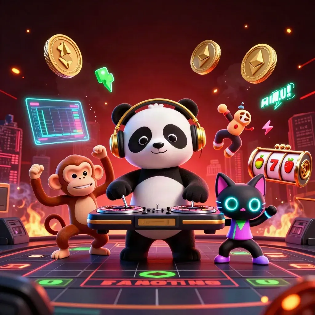 DJ panda, dancing monkey, and rave kitten with casino coins and neon effects