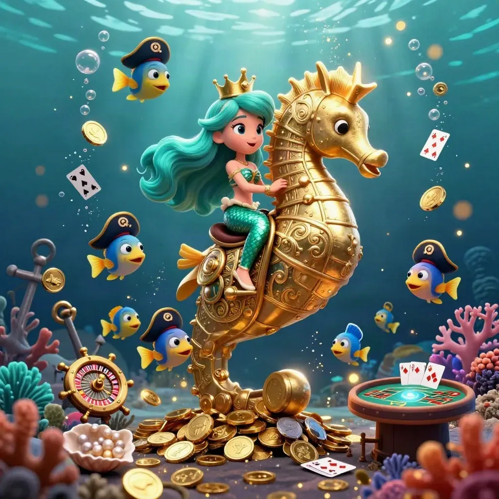 Mermaid princess rides a golden seahorse amid pirate fish, coins and casino props underwater