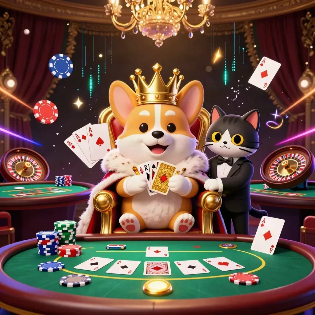 Royal corgi and cat butler amid casino chips, cards, roulette wheel, and glowing neon lights.