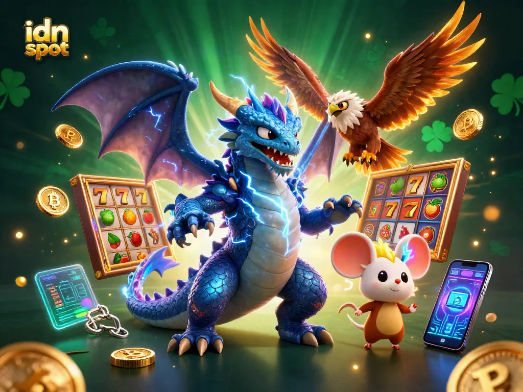 Engage with idn slot gaming featuring dynamic slot reels and vibrant characters in an electrifying scene.
