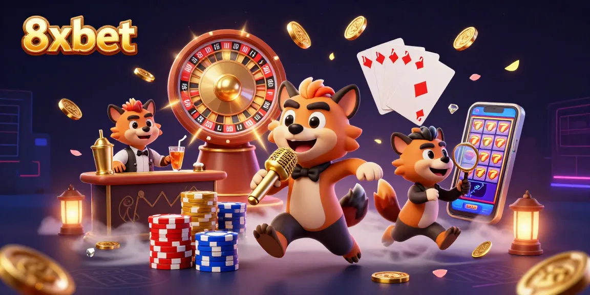 Experience the thrill of gaming at 8xbet with hyena characters creating a lively casino atmosphere.