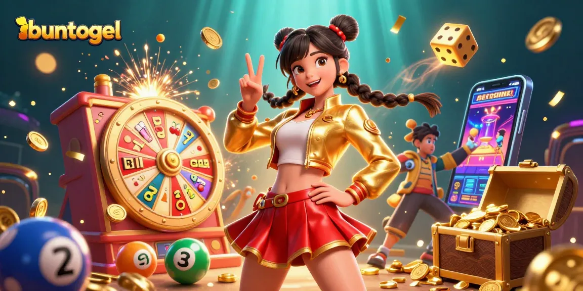 Experience the excitement of buntogel with vibrant lottery elements and a cheerful character in a dynamic casino scene.