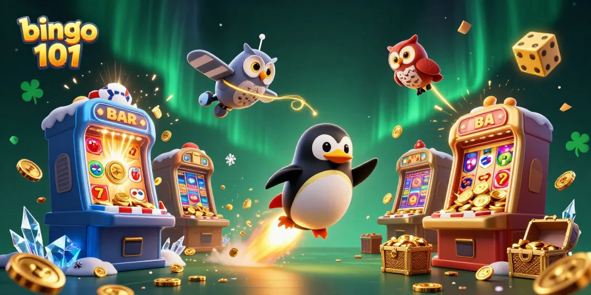 Experience the excitement of bingo 101 with a dynamic casino scene featuring a golden penguin, slot machines, and vibrant game elements.