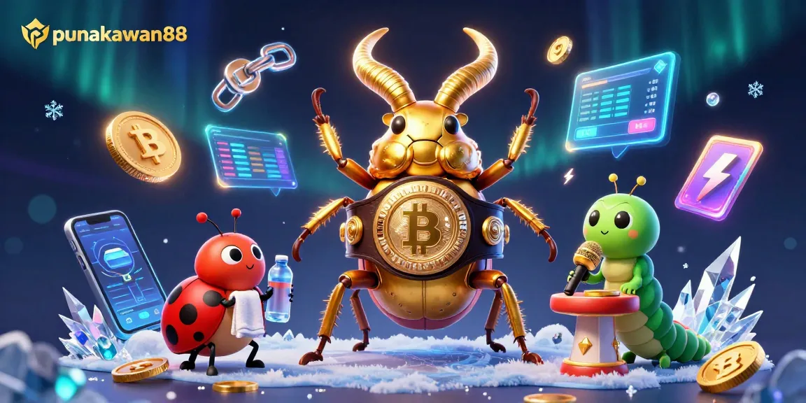 Punakawan88 features dynamic casino action with a whimsical golden stag beetle and vibrant crypto elements.