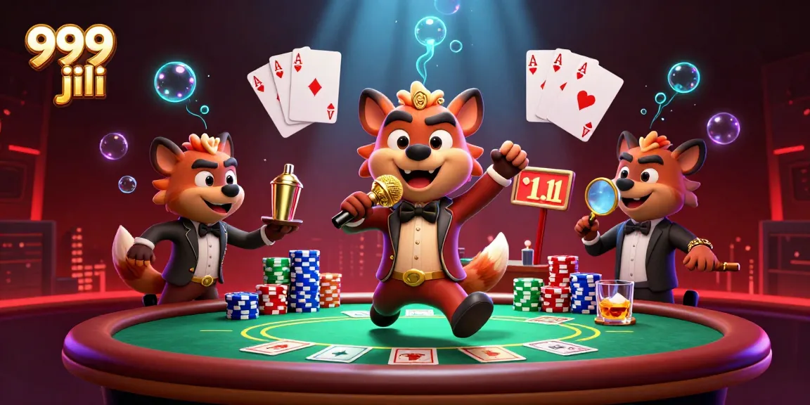 Interact with 999 jili's vibrant casino scene featuring funny hyenas, poker, and drinks.
