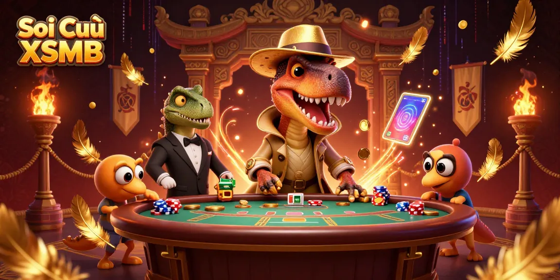 Soi Cầu XSMB features a quirky scene with velociraptor card counter and casino elements showcasing excitement.