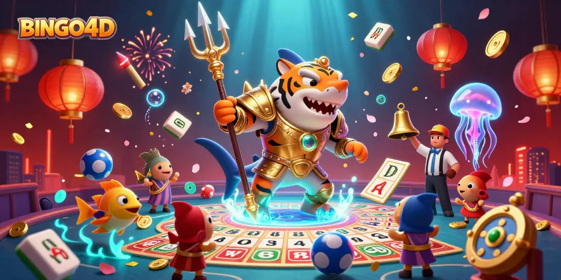 BINGO4D menghidupkan permainan bingo dengan karakter ikan hiu dan suasana meriah di arena bawah laut.