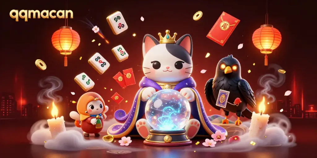 Experience the thrill of qqmacan with a mystical scene featuring a fortune teller cat and raven.