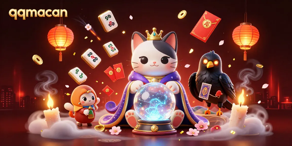 Experience the thrill of qqmacan with a mystical scene featuring a fortune teller cat and raven.