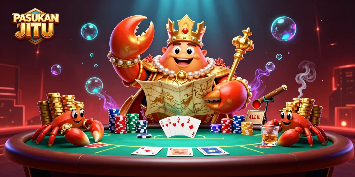 Play engaging games at PASUKAN JITU with the vibrant scene of a golden crab and poker elements.