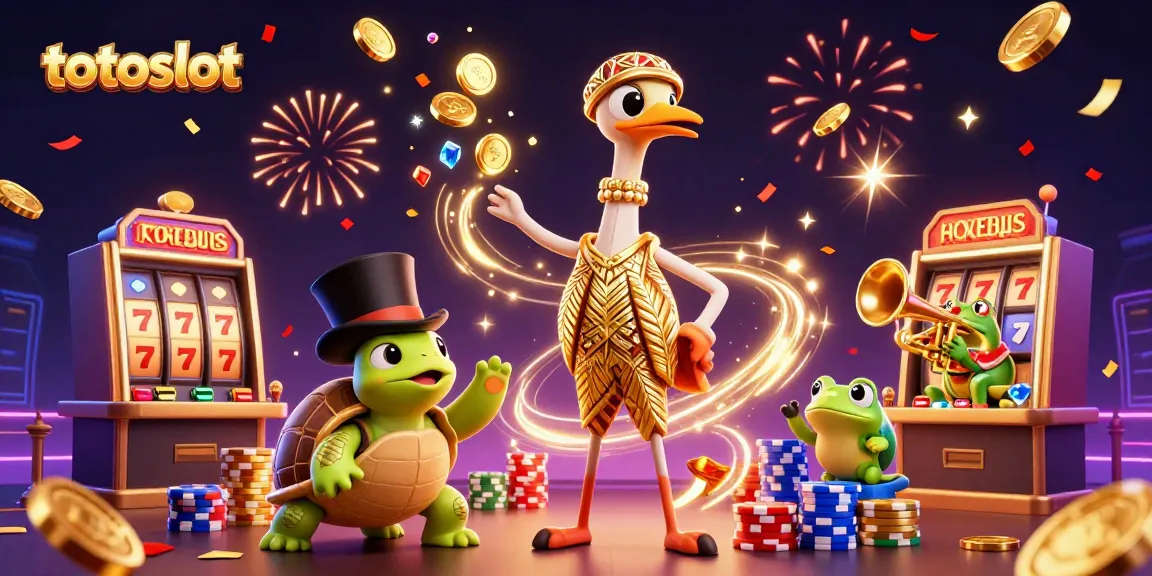 Play exciting slots at totoslot with vibrant 3D characters amidst flying coins and jackpots
