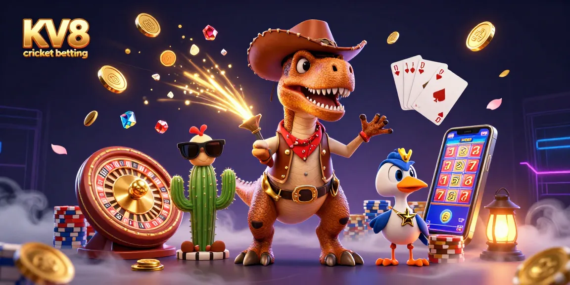 Engage in KV8 cricket betting with this vibrant 3D casino scene featuring T-Rex and companions.