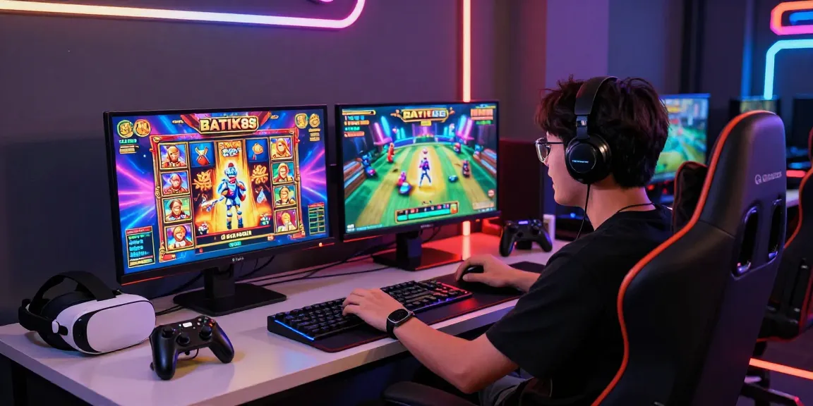 Pengalaman bermain BATIK88 slot yang menarik dengan pemain terlibat di permainan dan pencahayaan neon yang cerah.