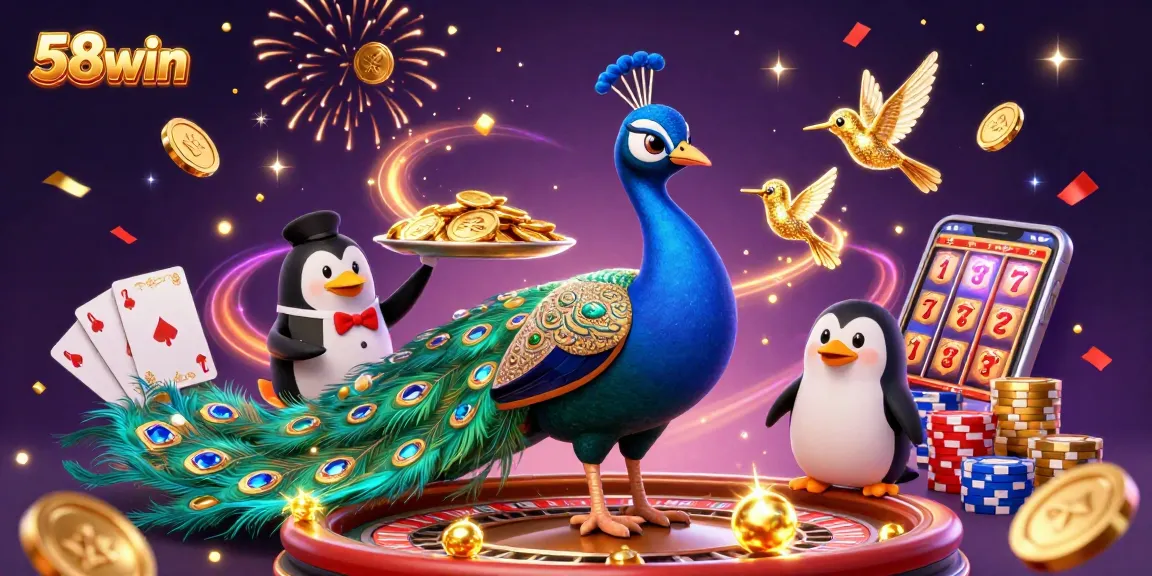 Engage with 58win's captivating casino experience featuring peacock and penguin in celebration.