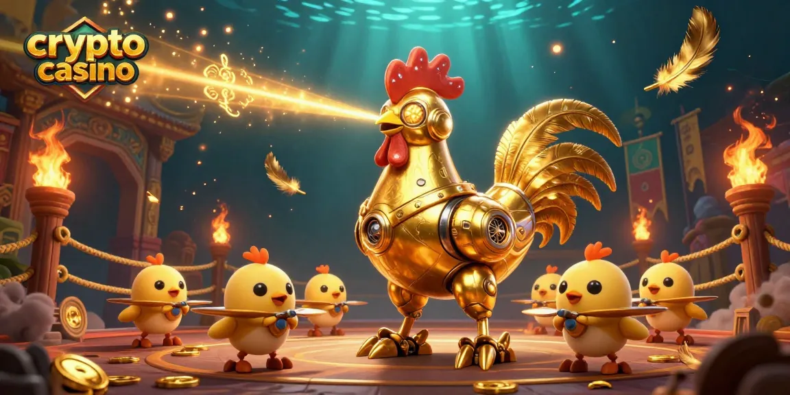 The golden rooster robot leads a team of baby chick drones in an exciting crypto casino battle scene.