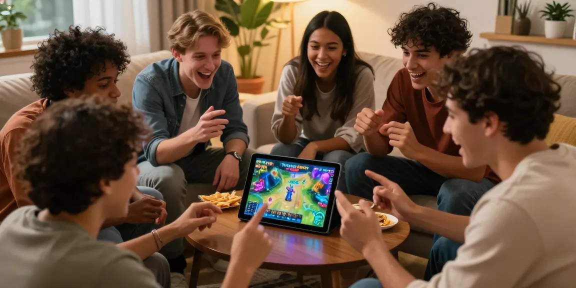 Friends enjoying Tiranga Games on a tablet in a cozy living room, showcasing excitement and camaraderie.
