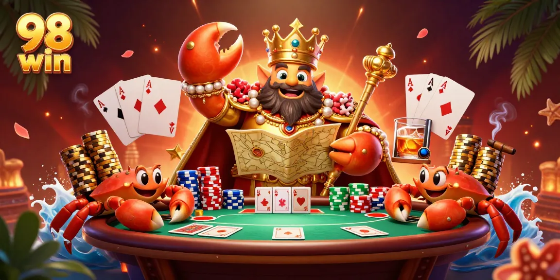 Win big with 98 win in this vibrant casino scene featuring a crab emperor and game elements.