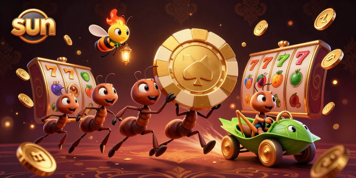 Sun casino-themed illustration with ants, a golden poker chip, and lively slot elements.