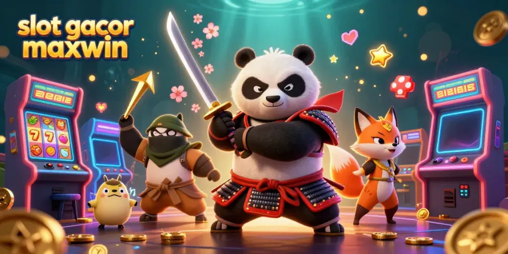 Gambar slot gacor maxwin dengan panda samurai dan rubah ninja di lingkungan kasino penuh warna.