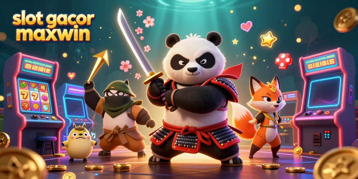 Gambar slot gacor maxwin dengan panda samurai dan rubah ninja di lingkungan kasino penuh warna.