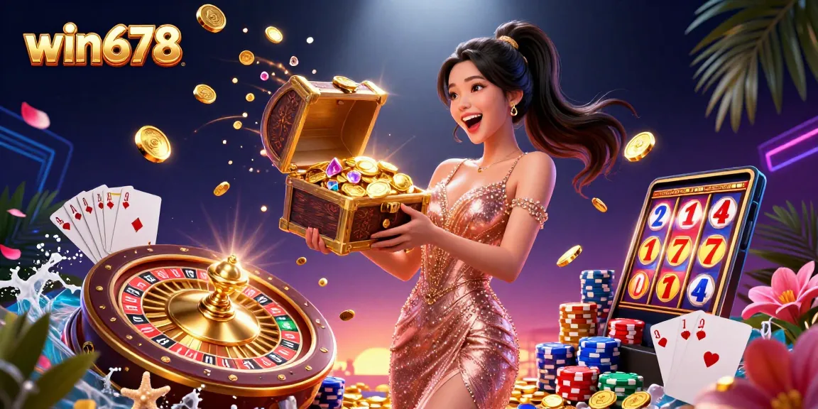 Experience thrilling wins with win678 as coins and treasures fly in this vibrant casino scene.