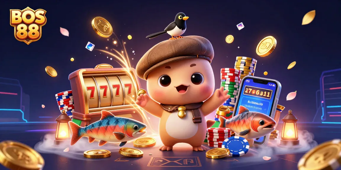 BOS 88 menampilkan slot online seru dengan slot reels dan karakter unik dalam ilustrasi 3D yang dinamis.