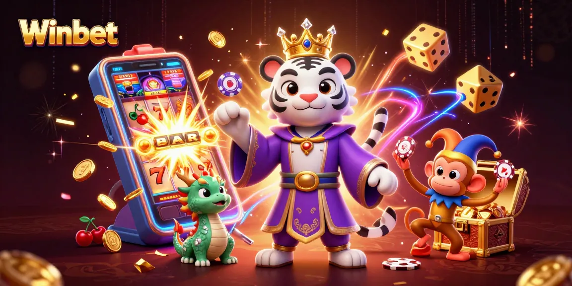 Winbet slots scene featuring a regal white tiger, juggling monkey, and jade dragon, embodying casino excitement.