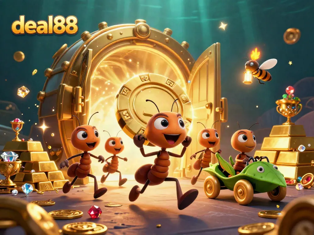 Ants engaged in a gambling heist, showcasing deal88's thrilling casino adventures.