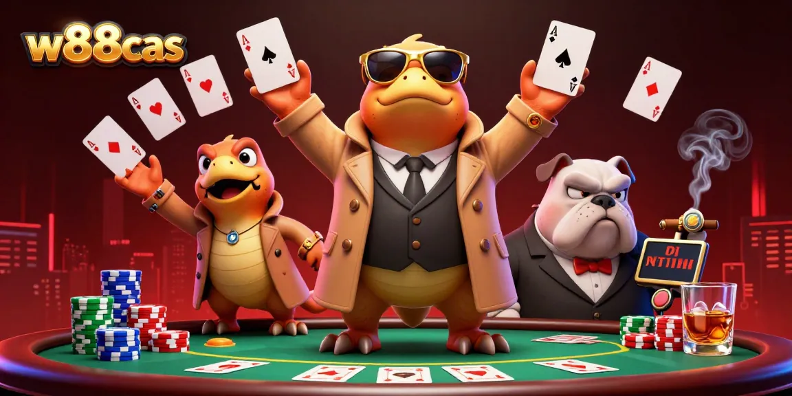 Engage in thrilling action at w88cas with cartoon raptors sneaking into a VIP casino lounge while surrounded by vibrant poker elements.