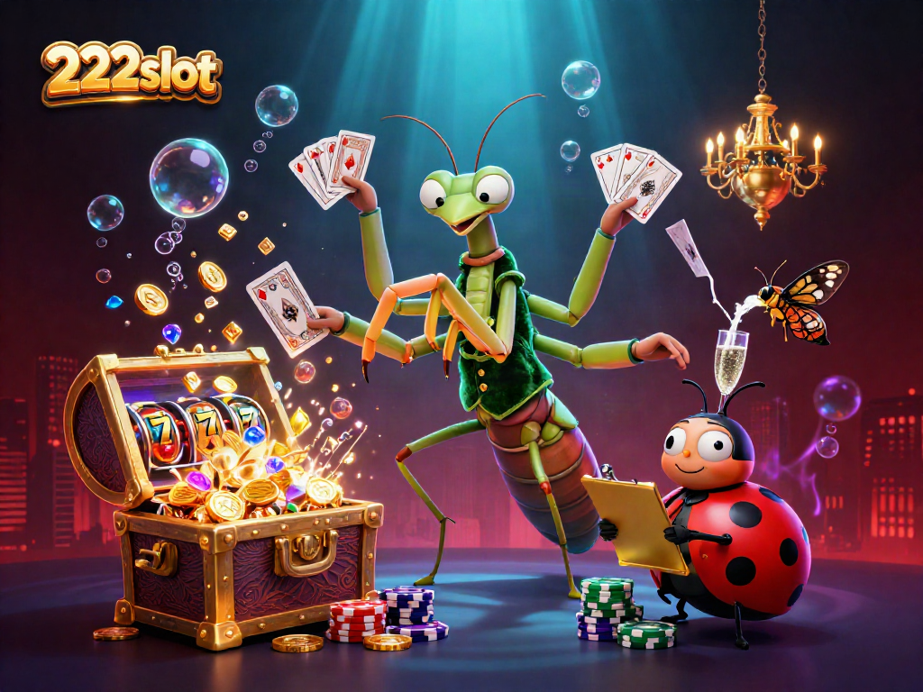 Aktivitas judi menarik di 222slot dengan karakter ceria dan simbol slot yang menggoda.