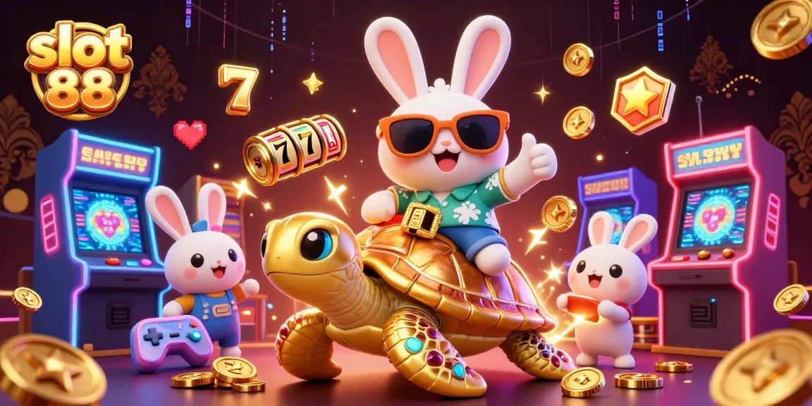 Engage with slot 88's vibrant casino adventure featuring colorful slot reels and a lucky rabbit.