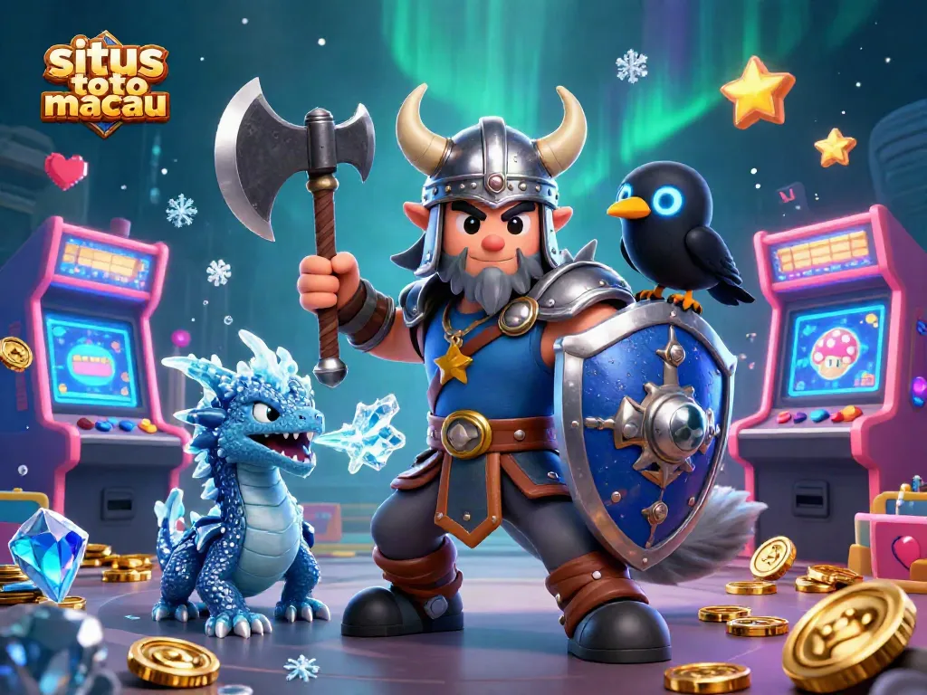 Mainkan situs toto macau dengan karakter Viking, naga, dan gagak dalam ilustrasi penuh warna di dunia perjudian.