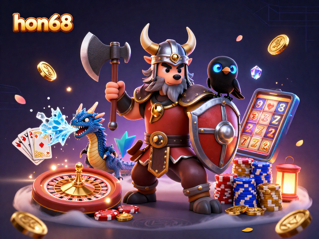 Engage with hon68's thrilling gaming experience featuring vivid casino elements and cartoon characters in action.