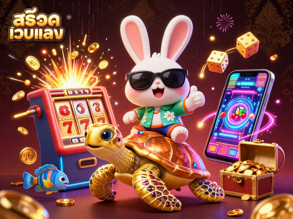 Spin to win with สล็อตเว็บตรง in a vibrant casino scene featuring a lucky rabbit and golden treasures.